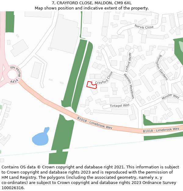 7, CRAYFORD CLOSE, MALDON, CM9 6XL: Location map and indicative extent of plot