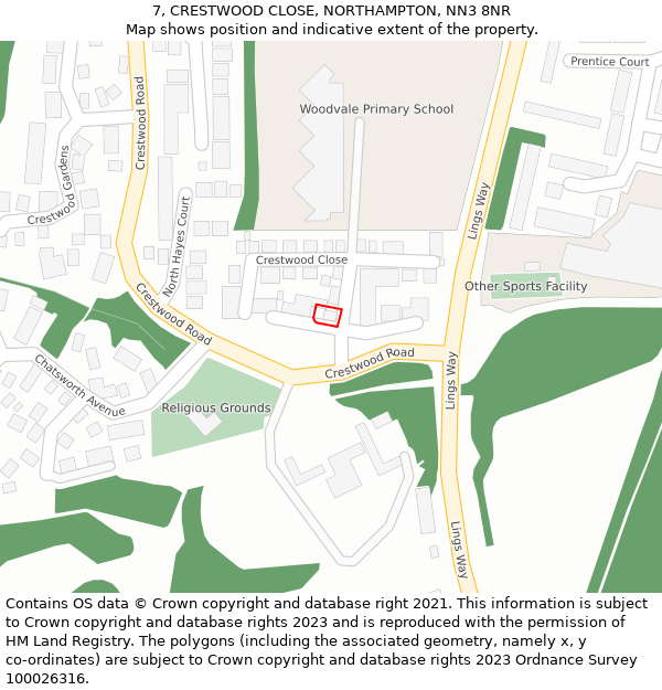 7, CRESTWOOD CLOSE, NORTHAMPTON, NN3 8NR: Location map and indicative extent of plot