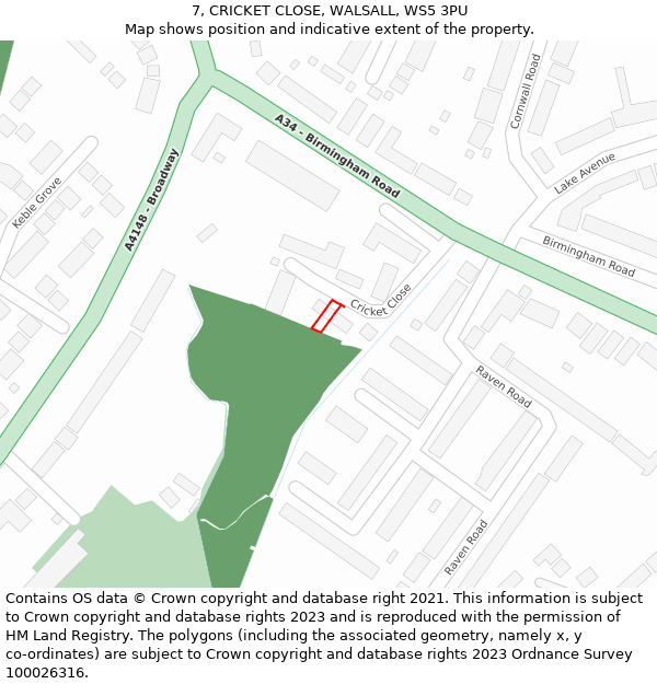 7, CRICKET CLOSE, WALSALL, WS5 3PU: Location map and indicative extent of plot