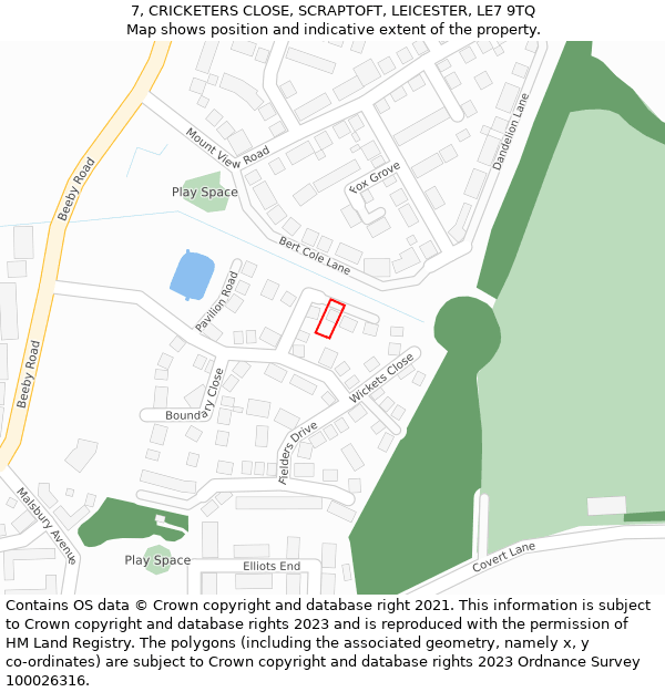 7, CRICKETERS CLOSE, SCRAPTOFT, LEICESTER, LE7 9TQ: Location map and indicative extent of plot