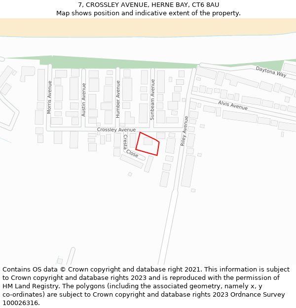 7, CROSSLEY AVENUE, HERNE BAY, CT6 8AU: Location map and indicative extent of plot