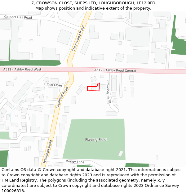 7, CROWSON CLOSE, SHEPSHED, LOUGHBOROUGH, LE12 9FD: Location map and indicative extent of plot