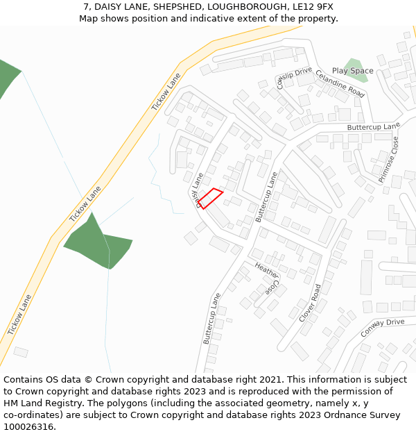 7, DAISY LANE, SHEPSHED, LOUGHBOROUGH, LE12 9FX: Location map and indicative extent of plot