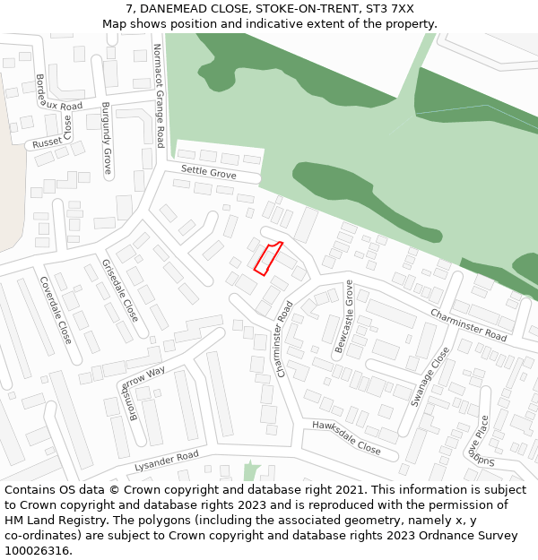 7, DANEMEAD CLOSE, STOKE-ON-TRENT, ST3 7XX: Location map and indicative extent of plot