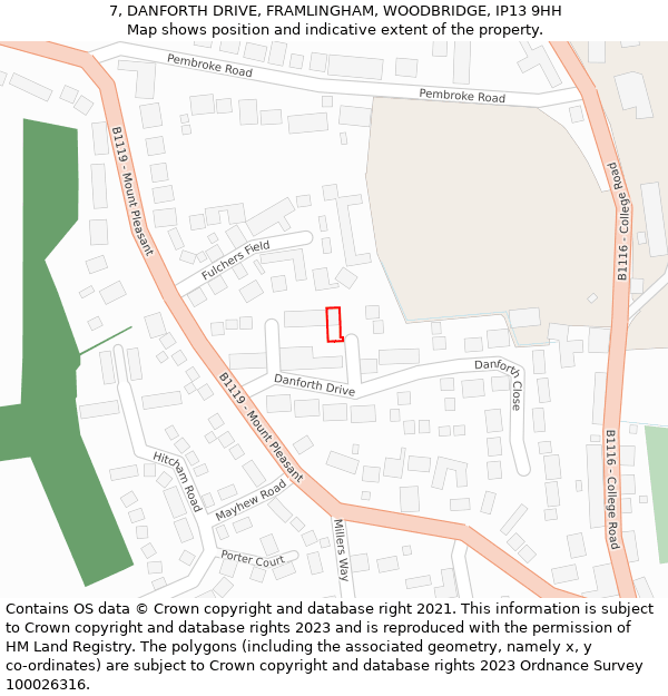 7, DANFORTH DRIVE, FRAMLINGHAM, WOODBRIDGE, IP13 9HH: Location map and indicative extent of plot