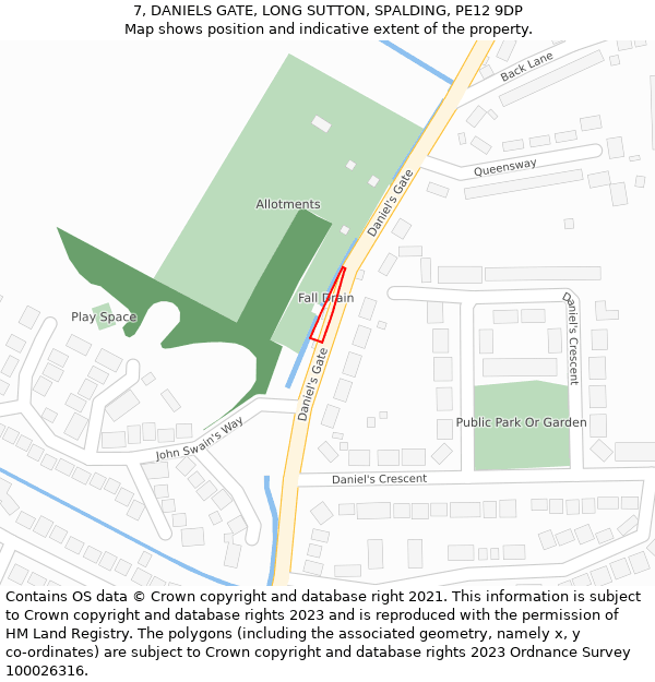 7, DANIELS GATE, LONG SUTTON, SPALDING, PE12 9DP: Location map and indicative extent of plot