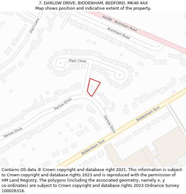 7, DARLOW DRIVE, BIDDENHAM, BEDFORD, MK40 4AX: Location map and indicative extent of plot