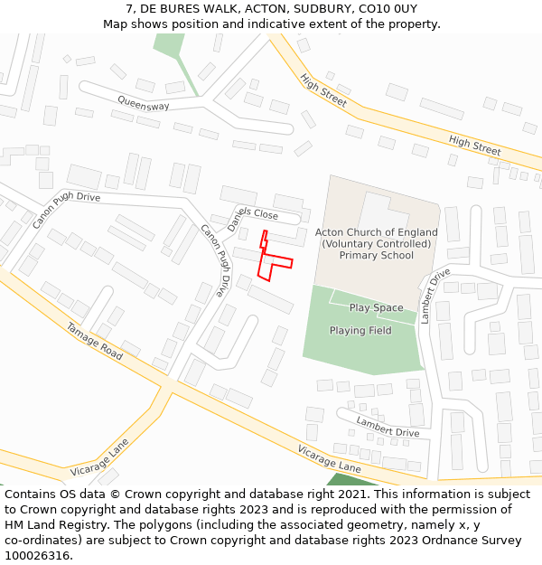 7, DE BURES WALK, ACTON, SUDBURY, CO10 0UY: Location map and indicative extent of plot