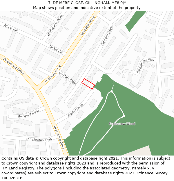 7, DE MERE CLOSE, GILLINGHAM, ME8 9JY: Location map and indicative extent of plot