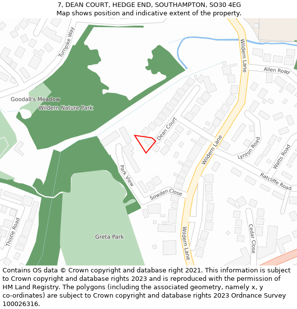 7, DEAN COURT, HEDGE END, SOUTHAMPTON, SO30 4EG: Location map and indicative extent of plot