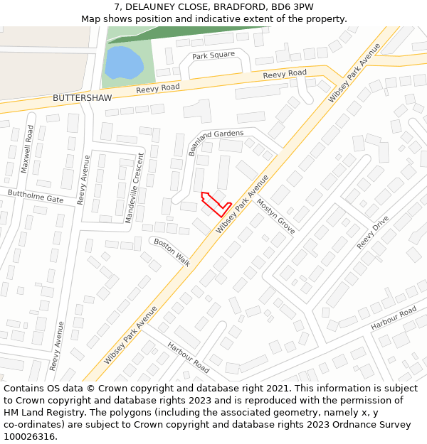 7, DELAUNEY CLOSE, BRADFORD, BD6 3PW: Location map and indicative extent of plot