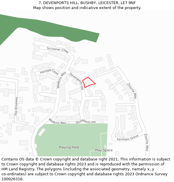 7, DEVENPORTS HILL, BUSHBY, LEICESTER, LE7 9NF: Location map and indicative extent of plot