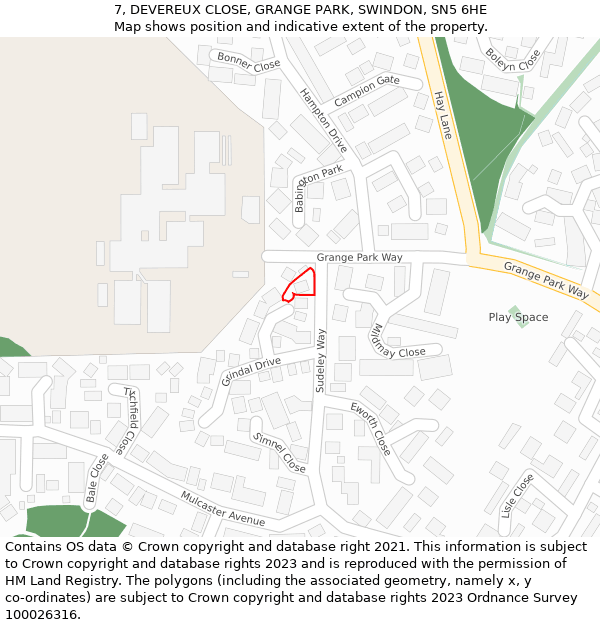 7, DEVEREUX CLOSE, GRANGE PARK, SWINDON, SN5 6HE: Location map and indicative extent of plot