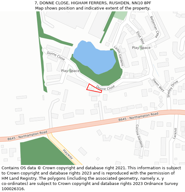 7, DONNE CLOSE, HIGHAM FERRERS, RUSHDEN, NN10 8PF: Location map and indicative extent of plot