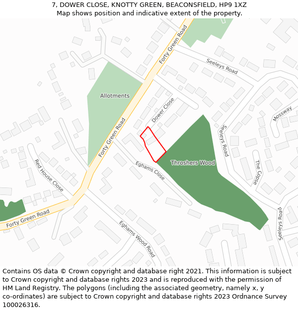 7, DOWER CLOSE, KNOTTY GREEN, BEACONSFIELD, HP9 1XZ: Location map and indicative extent of plot