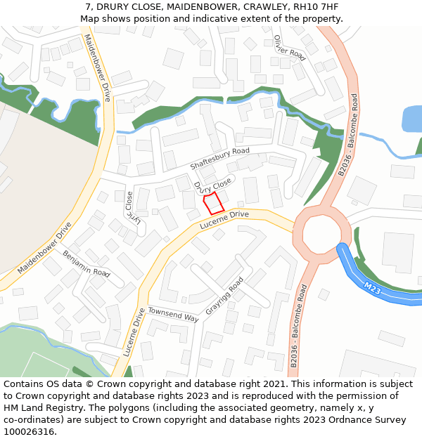 7, DRURY CLOSE, MAIDENBOWER, CRAWLEY, RH10 7HF: Location map and indicative extent of plot