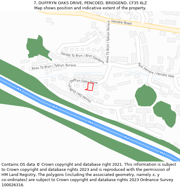 7, DUFFRYN OAKS DRIVE, PENCOED, BRIDGEND, CF35 6LZ: Location map and indicative extent of plot