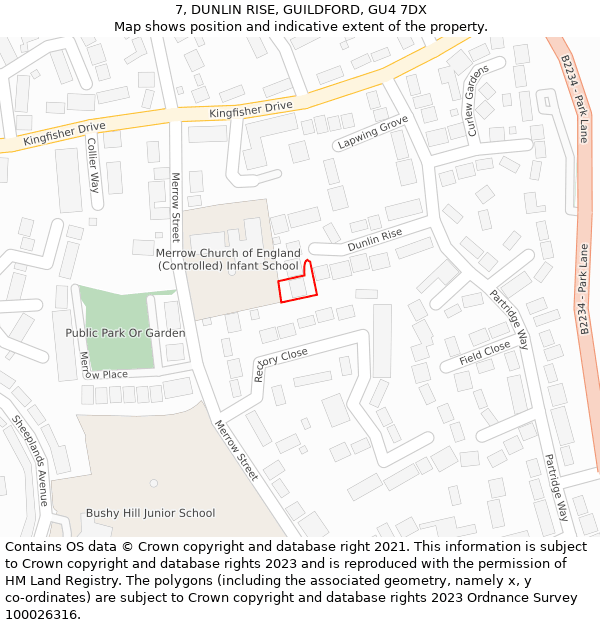 7, DUNLIN RISE, GUILDFORD, GU4 7DX: Location map and indicative extent of plot