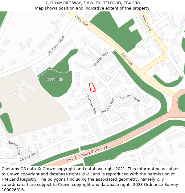 7, DUXMORE WAY, DAWLEY, TELFORD, TF4 2RD: Location map and indicative extent of plot