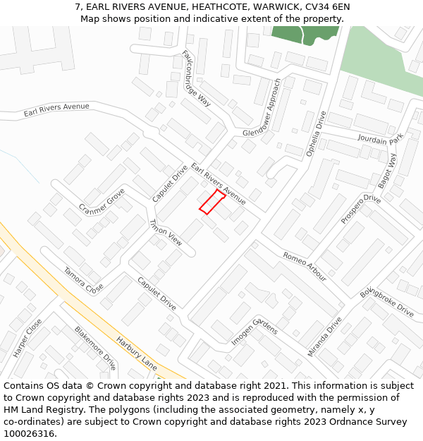 7, EARL RIVERS AVENUE, HEATHCOTE, WARWICK, CV34 6EN: Location map and indicative extent of plot