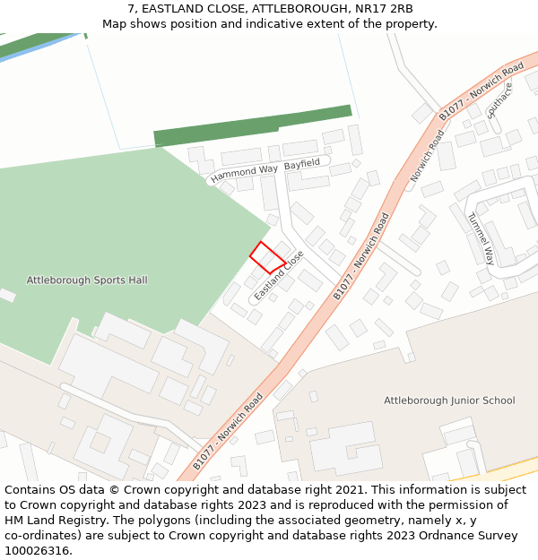 7, EASTLAND CLOSE, ATTLEBOROUGH, NR17 2RB: Location map and indicative extent of plot