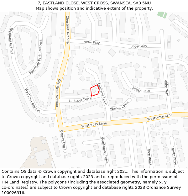 7, EASTLAND CLOSE, WEST CROSS, SWANSEA, SA3 5NU: Location map and indicative extent of plot