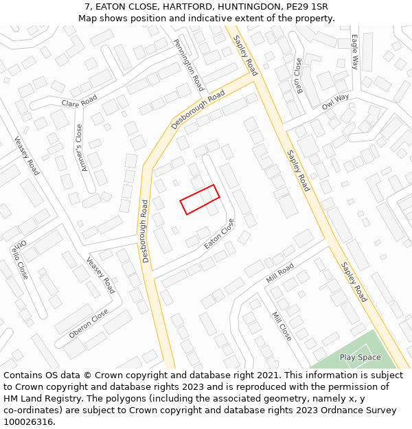 7, EATON CLOSE, HARTFORD, HUNTINGDON, PE29 1SR: Location map and indicative extent of plot