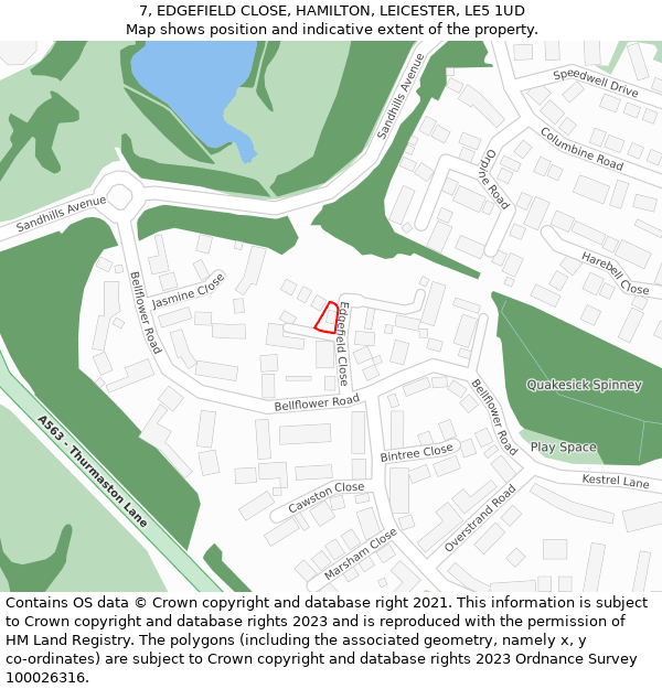 7, EDGEFIELD CLOSE, HAMILTON, LEICESTER, LE5 1UD: Location map and indicative extent of plot