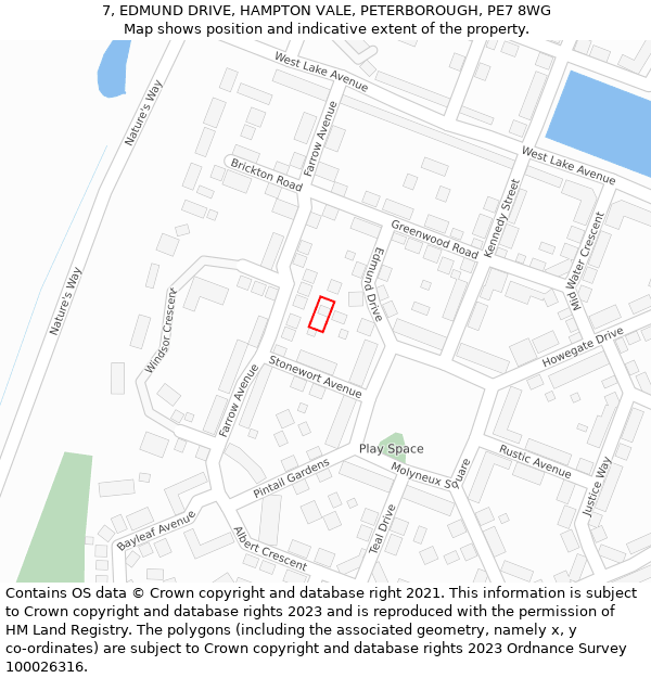 7, EDMUND DRIVE, HAMPTON VALE, PETERBOROUGH, PE7 8WG: Location map and indicative extent of plot