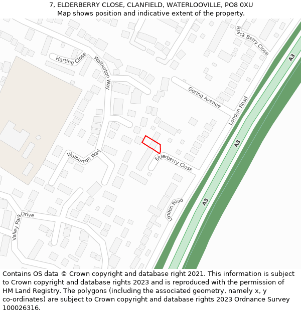 7, ELDERBERRY CLOSE, CLANFIELD, WATERLOOVILLE, PO8 0XU: Location map and indicative extent of plot