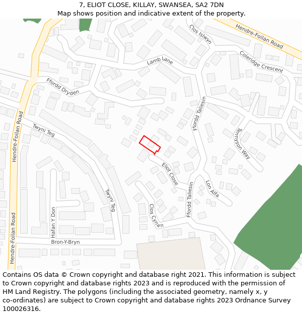 7, ELIOT CLOSE, KILLAY, SWANSEA, SA2 7DN: Location map and indicative extent of plot