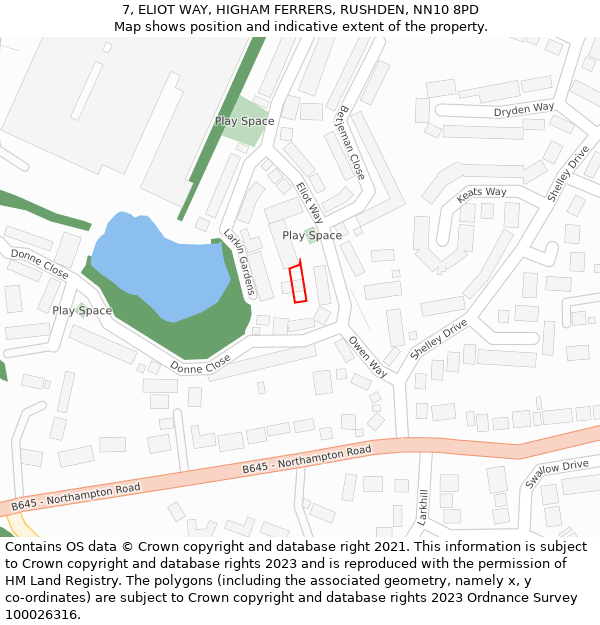 7, ELIOT WAY, HIGHAM FERRERS, RUSHDEN, NN10 8PD: Location map and indicative extent of plot