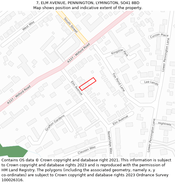 7, ELM AVENUE, PENNINGTON, LYMINGTON, SO41 8BD: Location map and indicative extent of plot