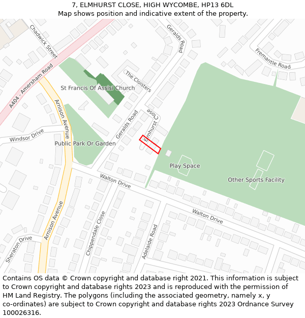 7, ELMHURST CLOSE, HIGH WYCOMBE, HP13 6DL: Location map and indicative extent of plot