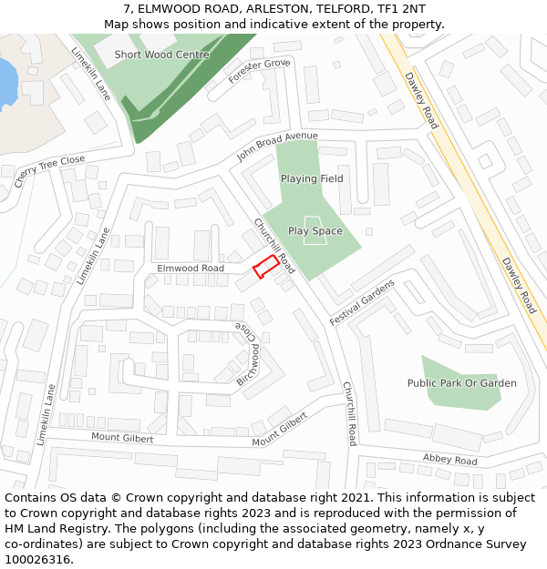 7, ELMWOOD ROAD, ARLESTON, TELFORD, TF1 2NT: Location map and indicative extent of plot