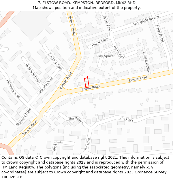 7, ELSTOW ROAD, KEMPSTON, BEDFORD, MK42 8HD: Location map and indicative extent of plot