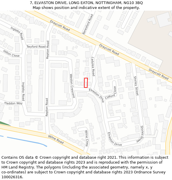 7, ELVASTON DRIVE, LONG EATON, NOTTINGHAM, NG10 3BQ: Location map and indicative extent of plot