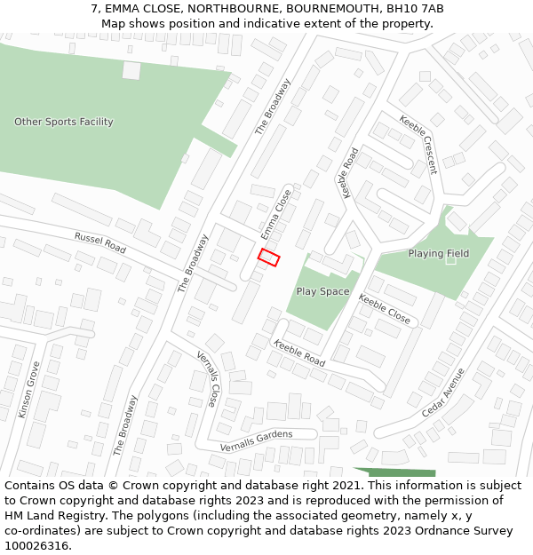 7, EMMA CLOSE, NORTHBOURNE, BOURNEMOUTH, BH10 7AB: Location map and indicative extent of plot