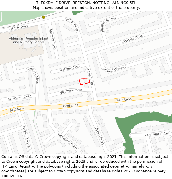 7, ESKDALE DRIVE, BEESTON, NOTTINGHAM, NG9 5FL: Location map and indicative extent of plot