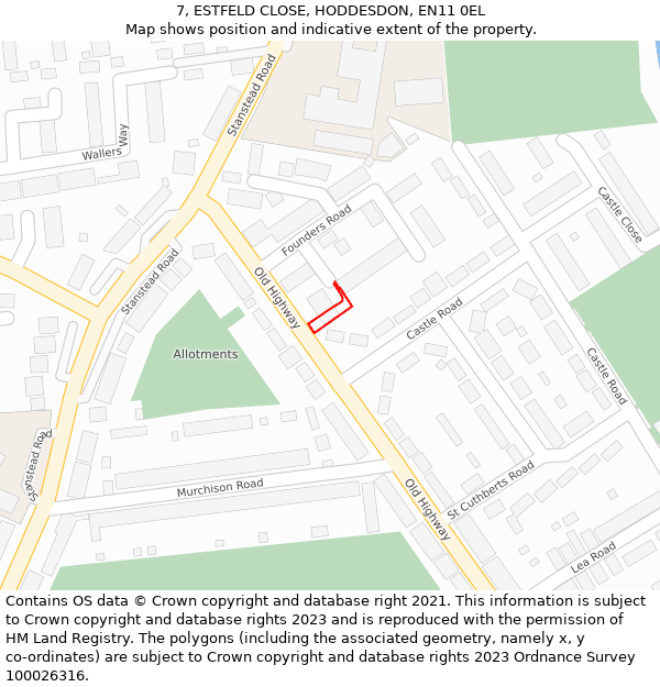 7, ESTFELD CLOSE, HODDESDON, EN11 0EL: Location map and indicative extent of plot