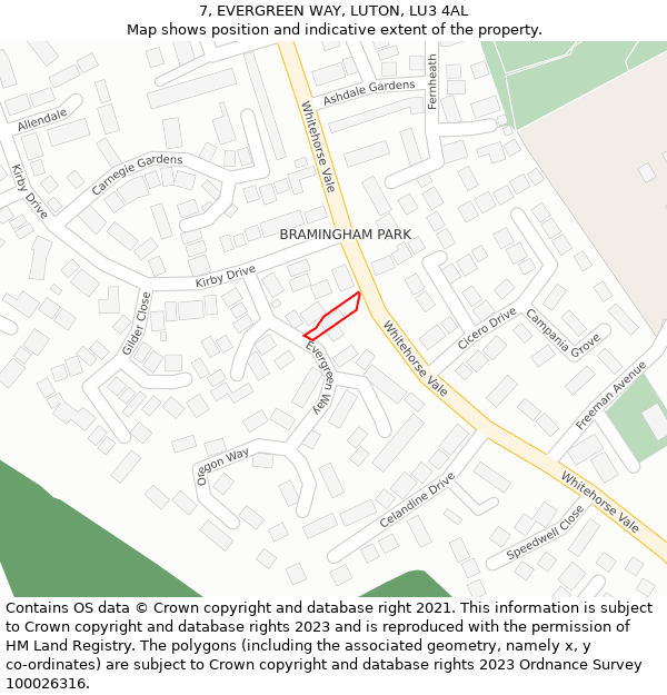 7, EVERGREEN WAY, LUTON, LU3 4AL: Location map and indicative extent of plot