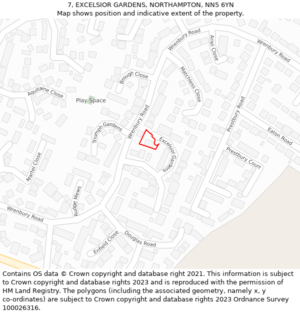 7, EXCELSIOR GARDENS, NORTHAMPTON, NN5 6YN: Location map and indicative extent of plot