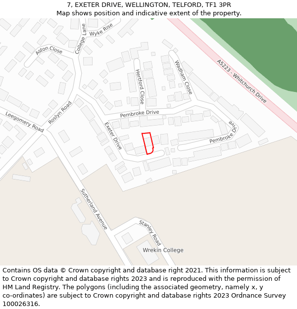 7, EXETER DRIVE, WELLINGTON, TELFORD, TF1 3PR: Location map and indicative extent of plot