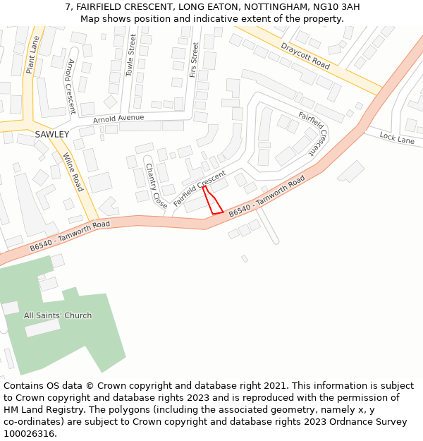 7, FAIRFIELD CRESCENT, LONG EATON, NOTTINGHAM, NG10 3AH: Location map and indicative extent of plot