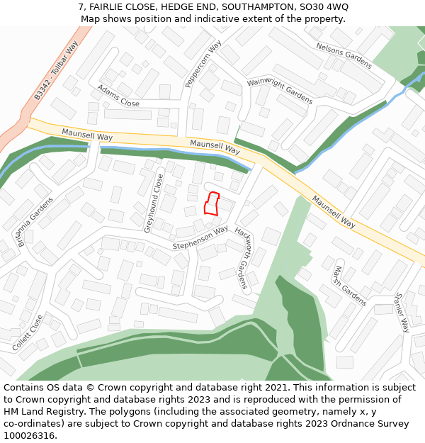 7, FAIRLIE CLOSE, HEDGE END, SOUTHAMPTON, SO30 4WQ: Location map and indicative extent of plot