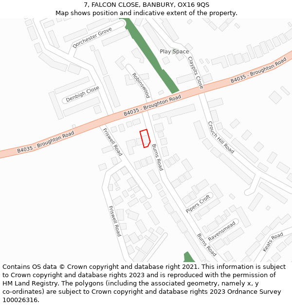 7, FALCON CLOSE, BANBURY, OX16 9QS: Location map and indicative extent of plot