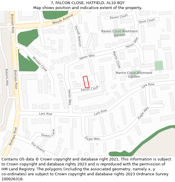 7, FALCON CLOSE, HATFIELD, AL10 8QY: Location map and indicative extent of plot