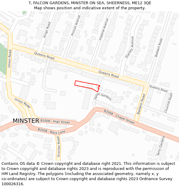 7, FALCON GARDENS, MINSTER ON SEA, SHEERNESS, ME12 3QE: Location map and indicative extent of plot