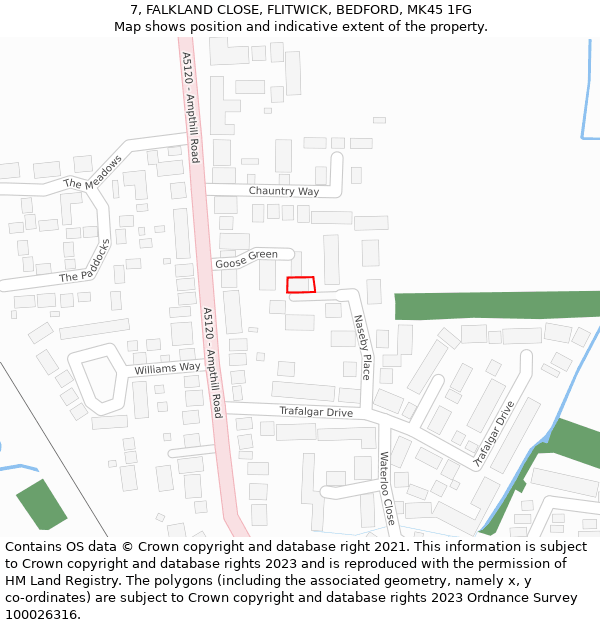 7, FALKLAND CLOSE, FLITWICK, BEDFORD, MK45 1FG: Location map and indicative extent of plot