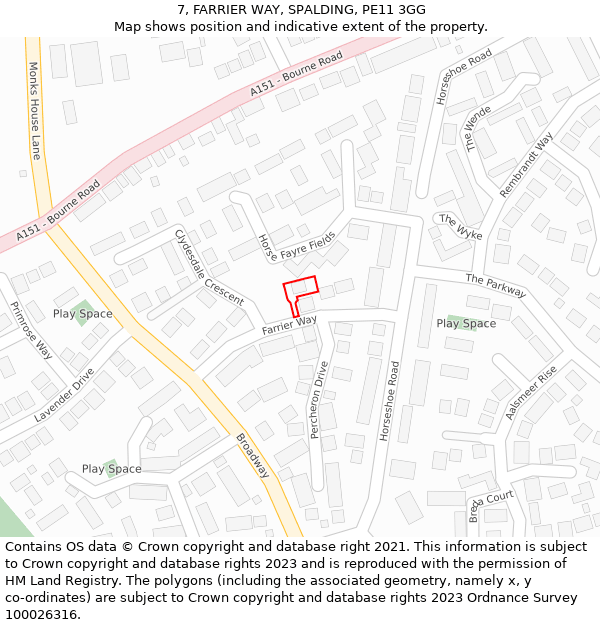 7, FARRIER WAY, SPALDING, PE11 3GG: Location map and indicative extent of plot